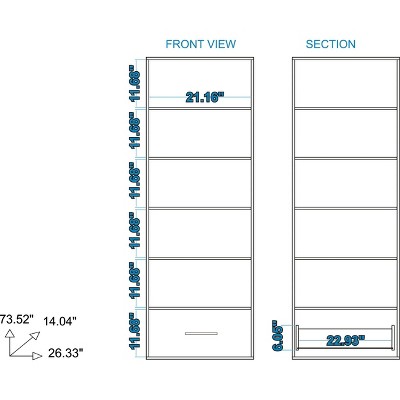 White 71.85" Bookcase with Frosted Glass Doors and Drawer