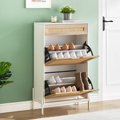 Whizmax Natural Rattan 2 Flip Door with 1 Drawer Shoe Cabinet Organizer Freestanding, Shoe Rack Storage Cabinet for Slippers, Sneakers, Heels, Boots