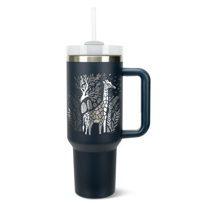 Elanze Designs 40 Ounce Travel Tumbler With Straw and Lid Stainless Steel Double Wall Insulated Floral Safari Giraffe Navy Blue