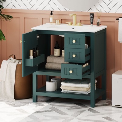NicBex Bathroom Vanity with Ceramic Sink,Bathroom Sink Vanity with 2 Drawers,30 inch Bathroom Sink Cabinet for Bathroom,Green/Blue/Black