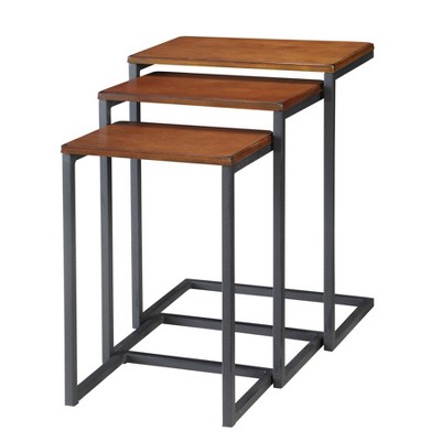 Chestnut and Black Wood Metal Nesting Tables Set of 3
