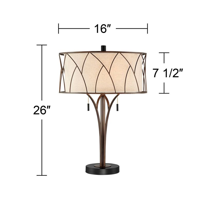 Franklin Iron Works Sydney Modern Mid Century Table Lamp 26" High Bronze with USB Charging Port Oatmeal Drum Shade for Bedroom Living Room Office Desk, 4 of 10