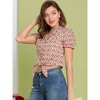 Allegra K Women's Printed Puff Sleeve Camp Collar Button Closure Knot Crop Tops - 2 of 4