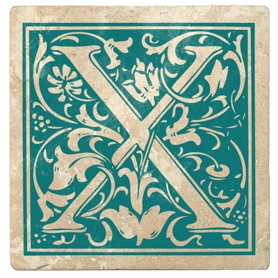Christmas by Krebs Set of 4 Ivory and Teal Blue Alphabet "X" Square Monogram Coasters 4"
