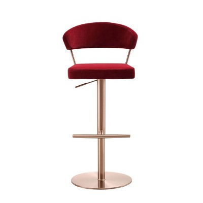 Whiteline Modern Living Nova Barstool, Red Velvet Seat, Adjustable Height, Rose Gold Stainless Steel Base