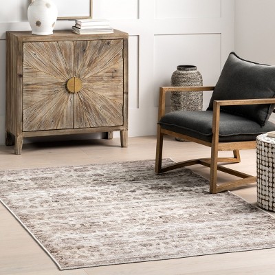 Gray Floral Synthetic Non-slip Washable Rectangular Rug, 4' x 6'