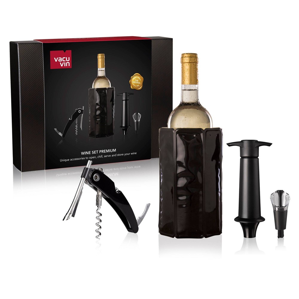 Photos - Barware VacuVin Vacu Vin Set of 4 Premium Wine Set Black:  with Wine Pourer & Aerator, PET & Stainless Steel, Spot Clean 