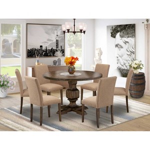 HomeStock 7 Piece Table Set Dining Room Table and 6 Light Sable Linen Fabric Chairs with High Back - Distressed Jacobean Finish - 1 of 4