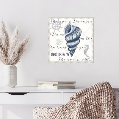 Indigo Ocean Treasures I Coastal Canvas Wall Art with White Beaded Frame