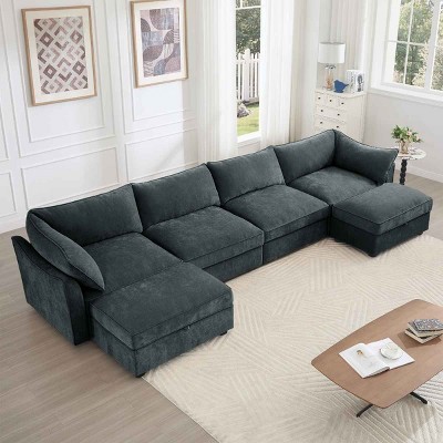 U-Shaped Sectional Sofa with Ottomans, Modular 4-Seater Couch with Hidden Storage and Pull-Out Drawers, Sofa with Fabric Cushion-Cuddlewood