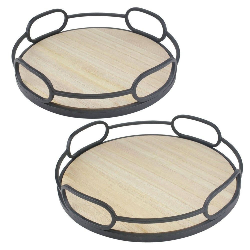 Photos - Tray 2pc Modern Round Wood and Metal Serving  Set Brown - Stonebriar Collec