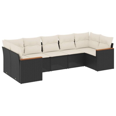 vidaXL Patio Sofa Set with Cushions Outdoor Furniture 7 Piece Poly Rattan - Black and Cream
