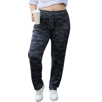Plus Size Women's Casual Pants - Navy Camo High Waist Stretch Cargo Pants with Front Pockets