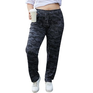 Plus Size Women's Casual Pants - Navy Camo High Waist Stretch Cargo Pants with Front Pockets - 1 of 4