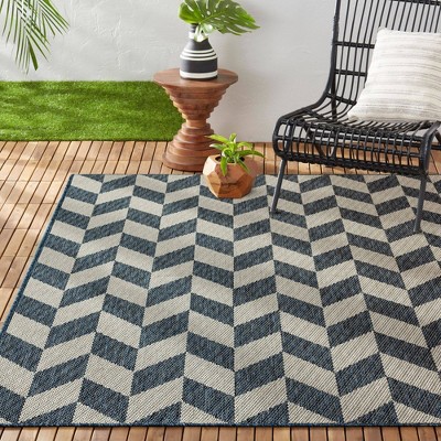 Blue and Cream Geometric 8' x 10' Synthetic Indoor/Outdoor Rug