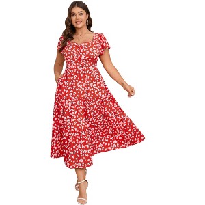 YESFASHION Women Plus Size Maxi Dress Floral Ruffle Summer Dress Short Sleeve Long Dress High Waist Sweethearte Neck Casual Dress - 1 of 4
