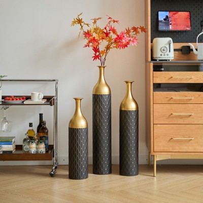 VisioGear Floor Vases, 3-Piece Decorative Vase with Funnel Shaped Neck for Living Room Foyer Corridor Entryway, Gold & Black, 5.91"*5.91"*34.25"