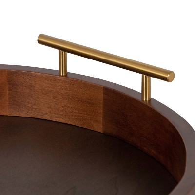 Walnut Brown Round Wood Tray with Gold Handles, 18"