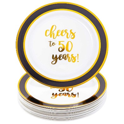 Juvale 24 Packs Gold 50th Birthday Plastic Dinner Plates, Disposable Dinnerware, Cheers to 50 Years, 9"