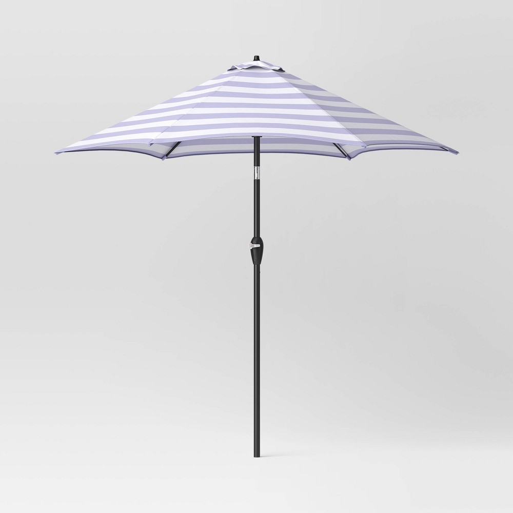 Photos - Parasol 9' Round Cabana Stripe Outdoor Patio Market Umbrella with Black Pole - Threshold™: UV & Water-Resistant Blue