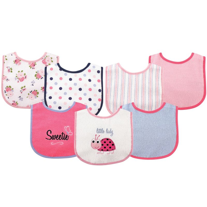 Luvable Friends Baby Girl Cotton Terry Drooler Bibs with PEVA Back 7pk, Ladybug, One Size, 1 of 3
