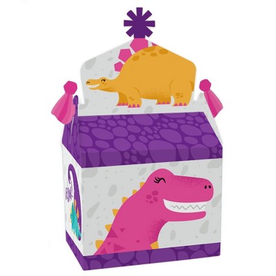 Big Dot of Happiness Roar Dinosaur Girl - Treat Box Party Favors - Dino Mite Trex Baby Shower or Birthday Party Goodie Gable Boxes - Set of 12