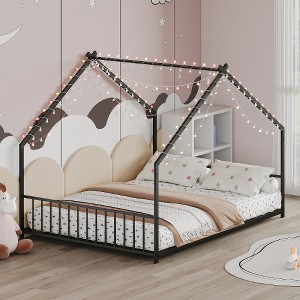 Lyngins Twin Size Bed Frame, Kids' House Bed Frame with Roof & Colorful Lights, Metal  Floor Bed Frame with Slats and Legs, Toddler Bed with Backrest - 1 of 4
