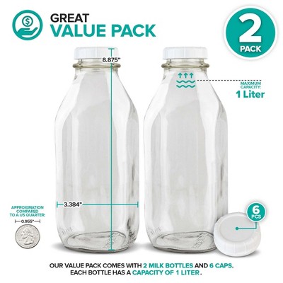Stock Your Home 32-Oz Glass Milk Bottles with Lids (2 Pack)