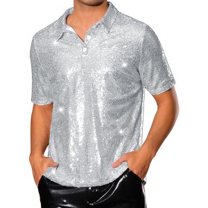 Lars Amadeus Men's Short Sleeve Sparkle Glitter Prom 70s Disco Nightclub Party Sequin Polo Shirts - 1 of 4