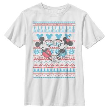 Boy's Mickey & Friends Christmas Mickey and Minnie Blue and Red Print T-Shirt