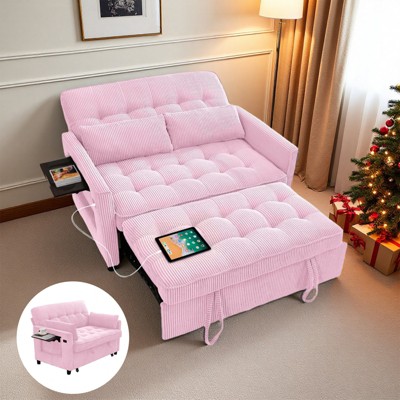 3 in 1 Corduroy Sofa Bed Adjustable Backrest USB Port Pull Out Couch Loveseat Convertible Sleeper Couch with Storage Pockets and Pillows