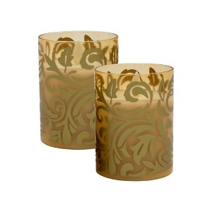 Lumabase 2ct Battery Operated LED Glass Candles with Moving Flame Gold Jacquard - 1 of 3