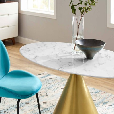 48" White Marble and Gold Pedestal Dining Table