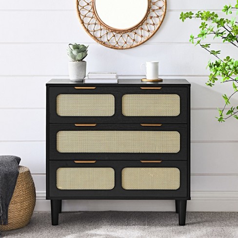 3 Rattan Drawer Dresser With 3 Wide Drawers, Metal Handles Modern Rattan Dresser Cabinet For ...