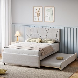 Trundle Bed Twin, Full Size Upholstered Platform Bed Frame, Pull Out Bed with Headboard, Wood Slat Support, for Bedroom, Living Room, Guest Room - 1 of 4