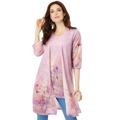 Roaman's Women's Plus Size Printed Duster Cardigan & Tank Set