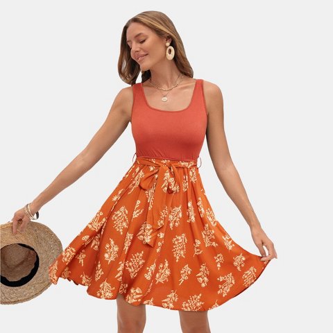 Женские платья Cupshe Women's Rust Orange Floral Print Tank Dress with Tie Waist - Cupshe-XL-Orange