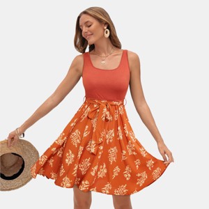 Women's Rust Orange Floral Print Tank Dress with Tie Waist - Cupshe - 1 of 4
