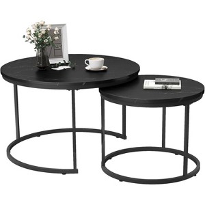 Zevemomo Small Coffee Table Round, Wood Nesting Coffee Table Set 27.6"with Marble Pattern Circle Table for Living Room, Bedroom, Patio, Yard (Black) - 1 of 4