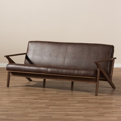 Walnut Wood Dark Brown Faux Leather 3-Seater Sofa
