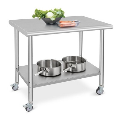 Stainless Steel Prep Table 36 x 24 Inch, NSF Heavy Duty Commercial Kitchen Table with 4 Wheels and Under Shelf