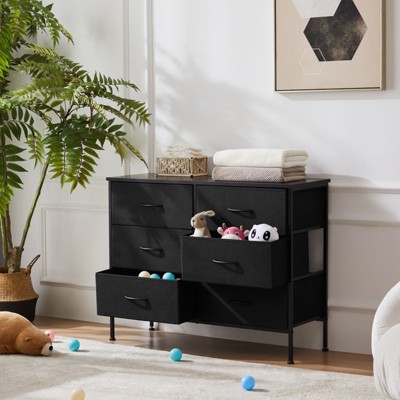 Black Metal Frame 6-Drawer Fabric Dresser with Wooden Top