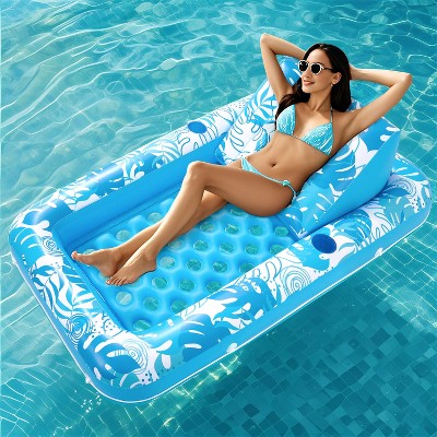 Sloosh Inflatable Pool Tanning Adult Float Pool Lounger with Blue Leaf Design - Cozy, Trendy, and Perfect for Relaxation