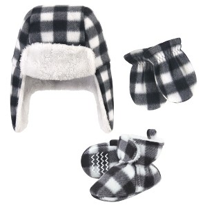 Hudson Baby Unisex Baby Trapper Hat, Mitten and Bootie Set, Black White Plaid - 1 of 4