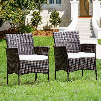 Costway Patio Rattan Arm Dining Chair Cushioned Sofa Furniture Brown