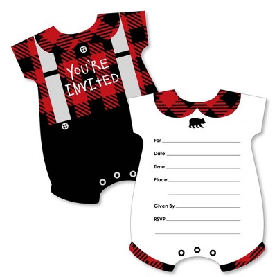 Big Dot of Happiness Lumberjack - Baby Bodysuit - Shaped Fill-in Invites - Baby Shower or 1st Birthday Party Invite Cards with Envelopes - Set of 12