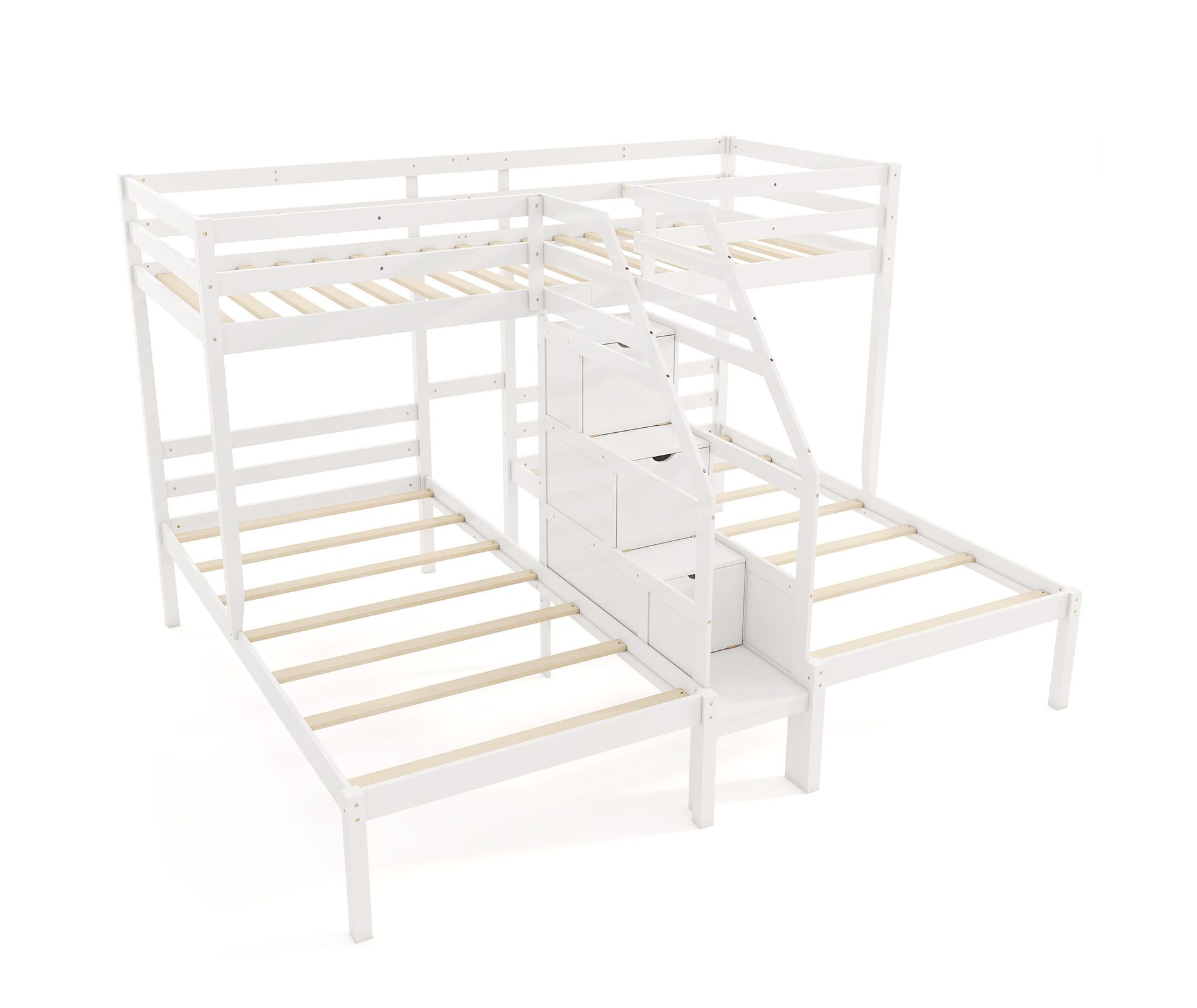 Costway Wooden Twin Over Twin & Twin Bunk Bed w/ 4-Step Storage Staircase Guardrail White