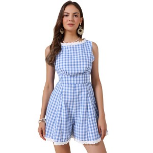 INSPIRE CHIC Women's Sleeveless Checks Gingham Lace Trim Smocked Waist Short Jumpsuits - 1 of 4