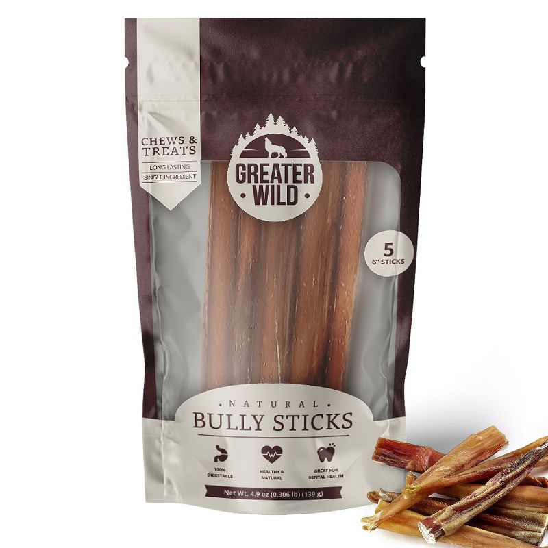 Greater Wild Beef Bully Sticks, Dog Treats, Long-Lasting, All-Natural & Single Ingredient - Thick 6" Sticks, 5 Count, 1 of 4