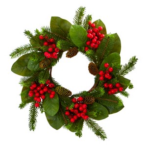Nearly Natural 19-in Magnolia Leaf, Berry and Pine Artificial Wreath - 1 of 1